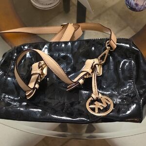 Michael Kors Glossy Black and Tan Shoulder Bag